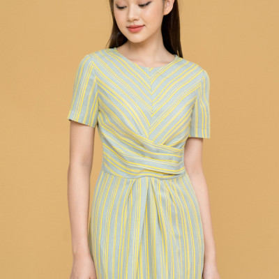 De Leah - Đầm Xoắn Eo Xẻ Trước - Kẻ vàng