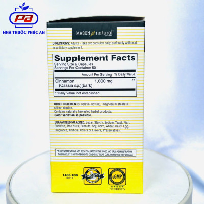 Viên uống hỗ trợ ổn định đường huyết tiểu đường điều hoà huyết áp MASON NATURAL Cinnamon Mỹ 50 - 100 viên