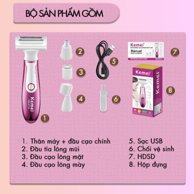 Máy tẩy lông đa năng 4in1 Kemei KM-6714 gồm 4 đầu thay thế chuyên dụng cạo lông toàn thân, tỉa lông mũi - Chính hãng