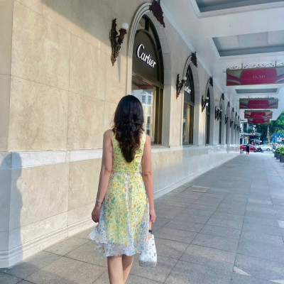 Đầm Xoè  Nữ Tính, Thanh Lịch  Soleil DRE218Floral hoa vàng thời trang thiết kế Hity