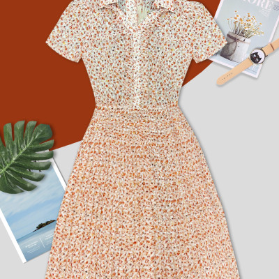 Váy Đầm Nữ Luperi LFV3292 Thiết kế Cổ V phối bèo viền cúc áo kết hợp chân váy xếp ly