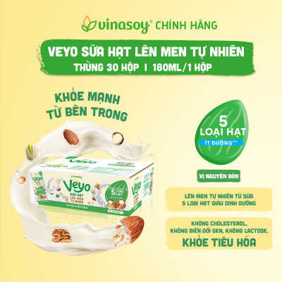 Thùng Sữa hạt Veyo lên men tự nhiên Vị Nguyên bản Ít đường (30hộp x 180ml)
