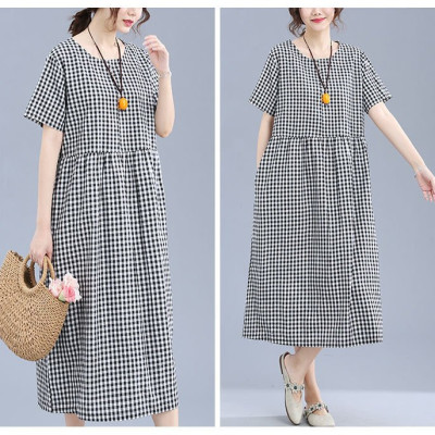 Đầm váy suông nữ caro, Đầm Linen suông kẻ caro xinh dáng xoè form rộng không kén dáng mặc Haint Boutique