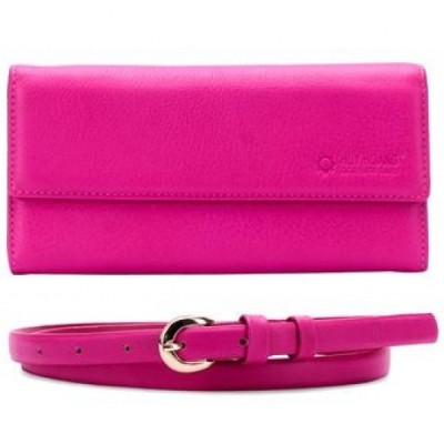 Bộ Ví nữ và Thắt lưng nữ Huy Hoàng da bò màu hồng-HP3128-HP5132