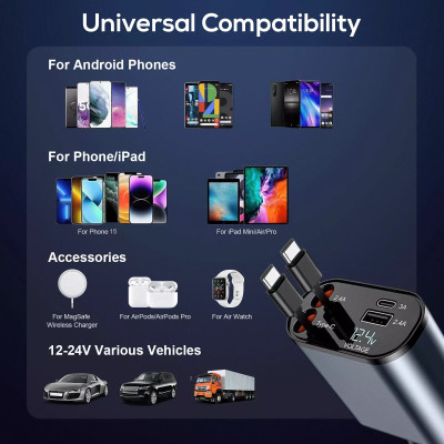 Tẩu Sạc Nhanh Xe Ô Tô TÍCH HỢP DÂY Sạc Type C, Lightning 100W | Hiển Thị Thông Số Sạc, Dây Rút Chống Rối, 4in1