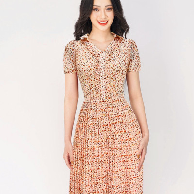 Váy Đầm Nữ Luperi LFV3292 Thiết kế Cổ V phối bèo viền cúc áo kết hợp chân váy xếp ly