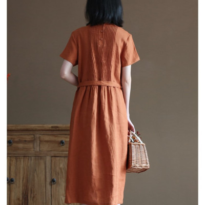 Đầm linen suông thiết kế , Đầm váy nữ dáng dài cổ tròn, ngắn tay eo có dây thắt Haint Boutique Da191