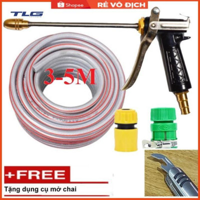 Bộ dây vòi xịt nước rửa xe, tưới cây . tăng áp 3 lần, loại 3m, 5m 206318 đầu đồng,cút,nối vàng+ tặng mở chai