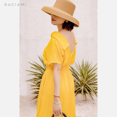 Baciami-Đầm Vàng Cổ Đổ Xếp Ly Eo