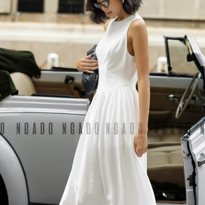 Đầm trắng xoè cổ tròn sát nách NGADO , đầm nữ , Đầm xòe nữ sát nách