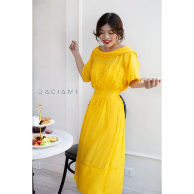 Baciami-Đầm Vàng Cổ Đổ Xếp Ly Eo