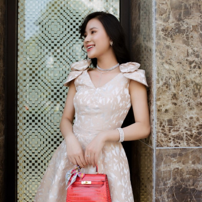 Đầm xòe gấm hoa vai sang trọng 2521