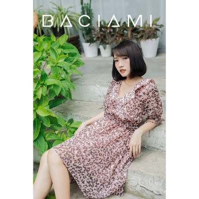 Baciami-Đầm Hoa Beo Cổ Bèo Eo Thun
