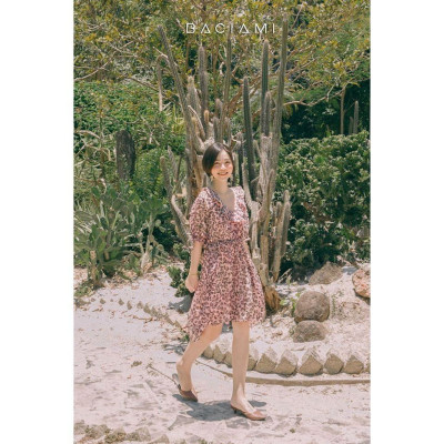 Baciami-Đầm Hoa Beo Cổ Bèo Eo Thun