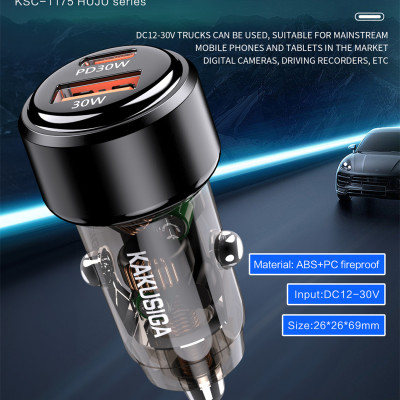 Tẩu sạc Ô tô trong suốt KAKU KSC-1175 (USB + Type C pd) – 60W ( hàng chính hãng)