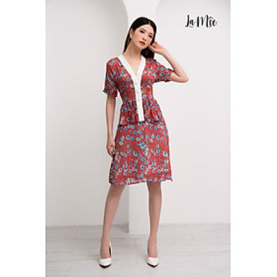 Đầm Voan Nữ Cổ Viền, Họa Tiết Hoa Đỏ Cổ Điển Maxivic, La Mộc - LM82107