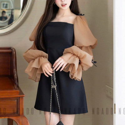 Đầm đen tay voan phồng NGADO , đầm dự tiệc , đầm dạo phố
