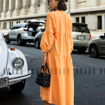 Đầm babydoll cam dài tay NGADO , đầm nữ , Đầm suông , Đầm phom rộng