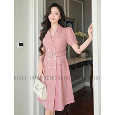 Đầm caro hồng cổ vest NGADO , đầm caro , đầm kiểu , đầm công sở