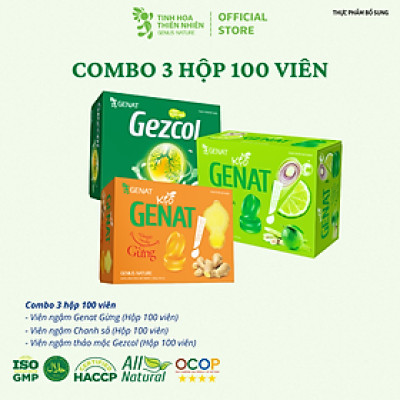Combo 3 hộp 100 viên - Kẹo thảo mộc Gezcol - Genat Gừng - Genat Chanh sả - Giao 2H HCM