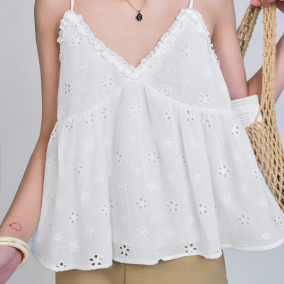 Áo 2 dây babydoll trắng thêu hoa cúc dễ thương Rumin Miều Est.2013