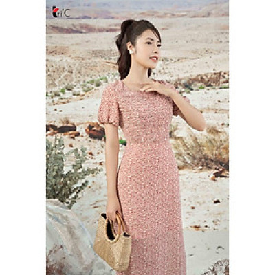 Đầm maxi hoa nhí, cổ vuông rút dúm trước Tri