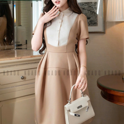 Đầm nâu cổ phối trắng NGADO , đầm dạo phố , đầm công sở