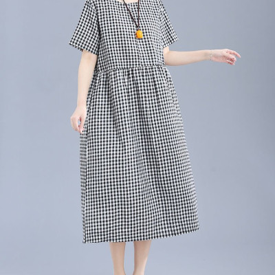 Đầm váy suông nữ caro, Đầm Linen suông kẻ caro xinh dáng xoè form rộng không kén dáng mặc Haint Boutique