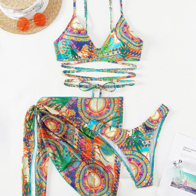 Set bikini vải thổ dân quần nhúng cạp cao che bụng