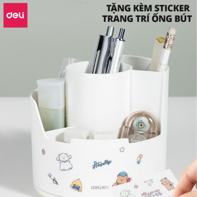 Ống Bút Xoay 360 Độ Deli - Hộp Đựng Bút Tròn Nhiều Ngăn Để Bàn Tích Hợp Giá Đỡ Điện Thoại - Tặng Kèm Sticker