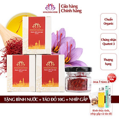 Combo 3 hộp (hộp/1gr) saffron Kingdom Herb, nhụy hoa nghệ tây Iran chính hãng super negin thượng hạng (Tặng táo đỏ Tân Cương 10g, bình nước và nhíp gắp)