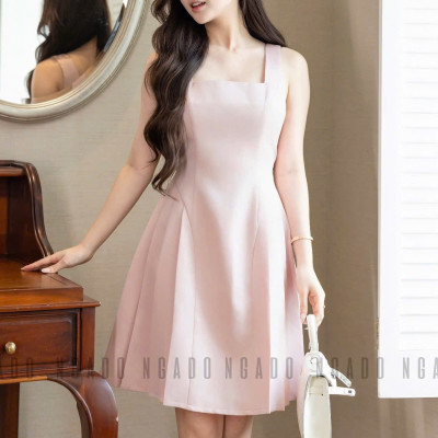 Đầm hồng cổ vuông xếp ly NGADO , đầm xếp ly , đầm dự tiệc , công sở