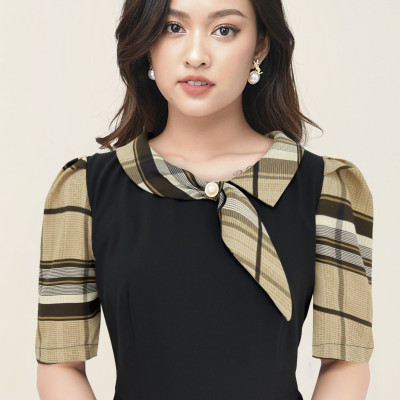 Váy Đầm Thiết Kế Luperi LFV3295 Phối Cổ Và Tay áo dáng A xòe nhẹ thanh lịch