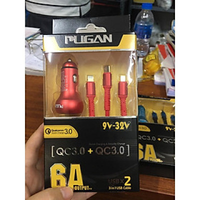 Tẩu sạc nhanh kèm dây cáp 3 đầu Ô tô chính hãng Pugan với 2 chức năng sạc thông minh và sạc siêu tốc 4.8A