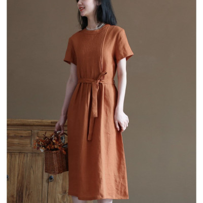 Đầm linen suông thiết kế , Đầm váy nữ dáng dài cổ tròn, ngắn tay eo có dây thắt Haint Boutique Da191