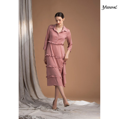 Đầm sơmi lụa hồng nhún tay Maxivic M052306
