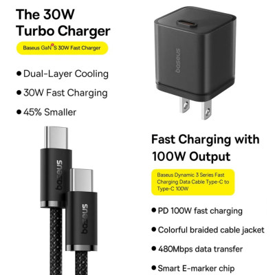 Bộ Sạc Nhanh Baseus GaN5S 1C 30W  (Kèm Cáp C to C 100W Dynamic 3 Series)- Hàng Chính Hãng