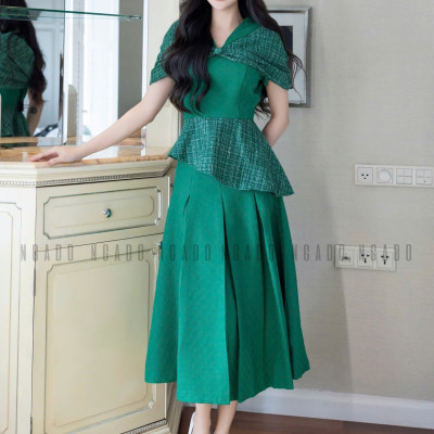 Set áo váy xanh lá tay phối nơ NGADO , đầm dự tiệc , đầm thiết kế