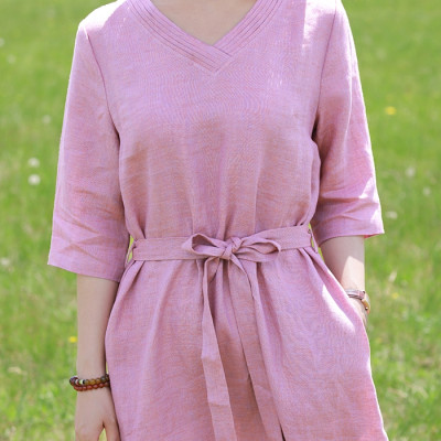 Đầm linen nữ dáng suông thắt eo cổ tim, tay lỡ, chất linen mềm màu hồng nữ tính mẫu hè mới Haint Boutique