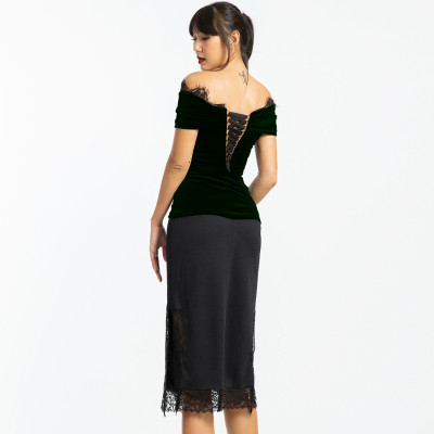  Áo Kiểu Nữ Cao Cấp Áo Trễ Vai Nhung Thời trang thiết kế Hity TOP115 (Xanh Hunter)