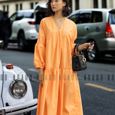 Đầm babydoll cam dài tay NGADO , đầm nữ , Đầm suông , Đầm phom rộng