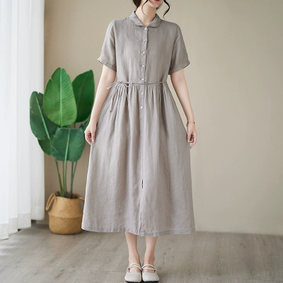 Đầm linen dáng dài, suông công sở cổ tròn linen tay cộc kèm dây eo, đầm đũi form rộng Haint Boutique Da169