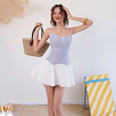 Đầm 2 dây họa tiết sọc cột nơ trước tôn dáng xòe nhẹ phối ren Orrin Miều Est.2013