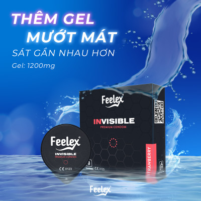 Bao cao su Feelex Invisible siêu mỏng, nhiều gel bôi trơn - Hộp 03 bcs