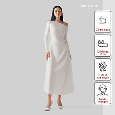 Đầm lệch vai dáng dài xòe màu trắng ALICE thiết kế cao cấp WHITE CHIC