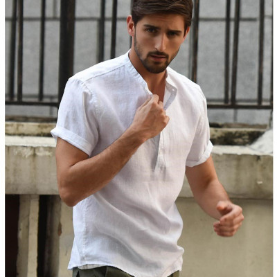 Áo sơ mi linen dành cho  nam, trơn cổ trụ, sơ mi hàn quốc Haint Boutique, form vừa