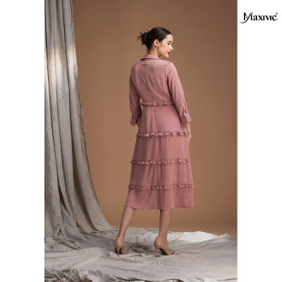 Đầm sơmi lụa hồng nhún tay Maxivic M052306