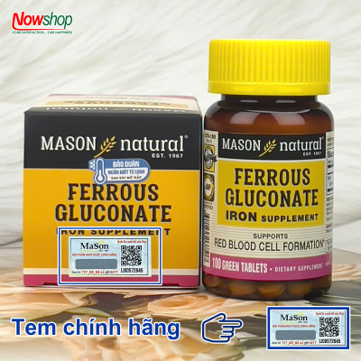 Ferrous Gluconate Mason Natural Hộp 100 viên bổ sung sắt hữu cơ dễ hấp thu không gây nóng táo bón