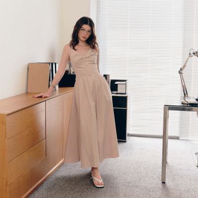 DOTTIE - Đầm midi xoắn ngực - Beige - D0701