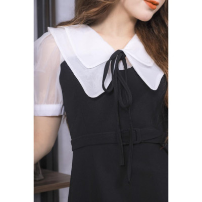 Váy Nữ Cổ Phối Tơ Voan Màu Đen 23V037 Pi Style